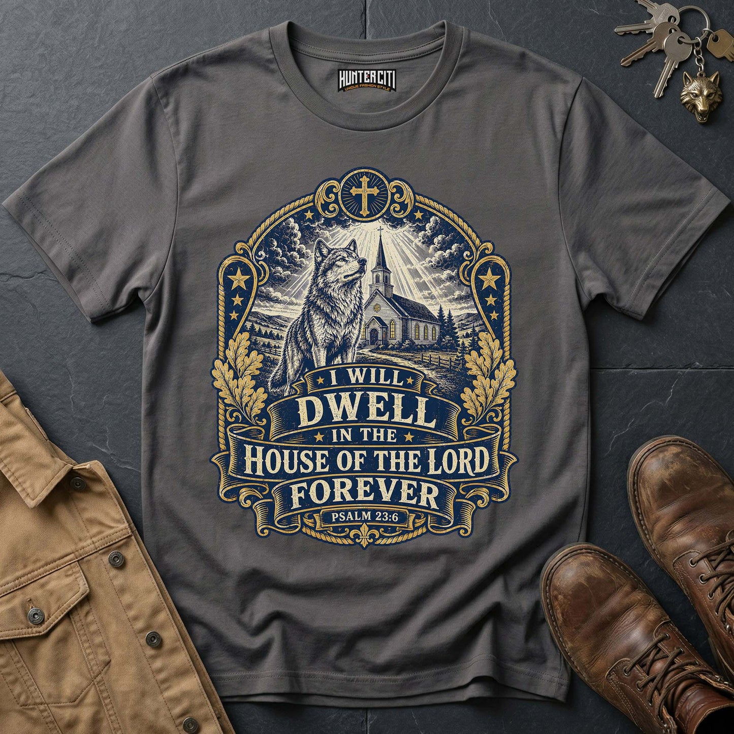 I Will Dwell in the House of the Lord Forever Wolf T-Shirt - Psalm 23 Christian Wolf Graphic Tee USA Gift