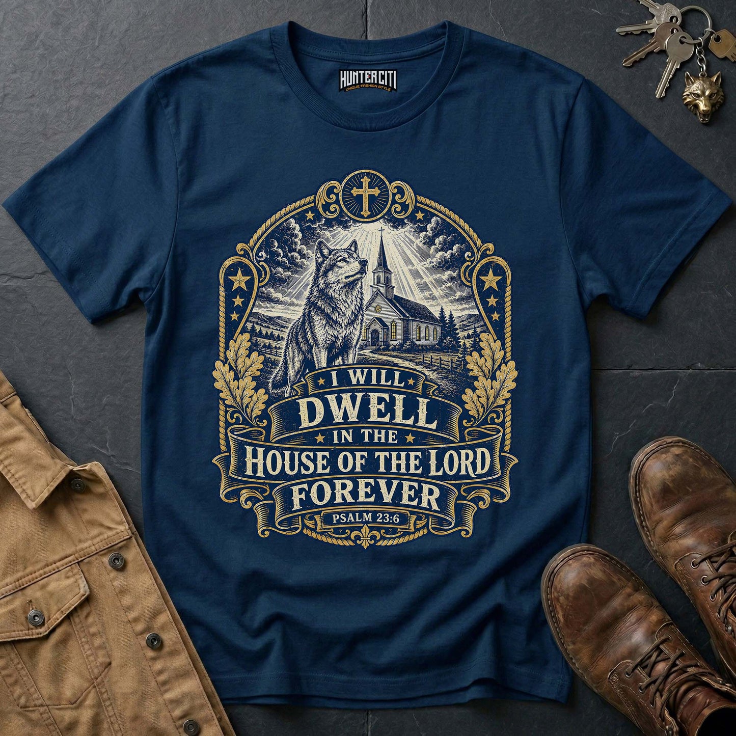 I Will Dwell in the House of the Lord Forever Wolf T-Shirt - Psalm 23 Christian Wolf Graphic Tee USA Gift