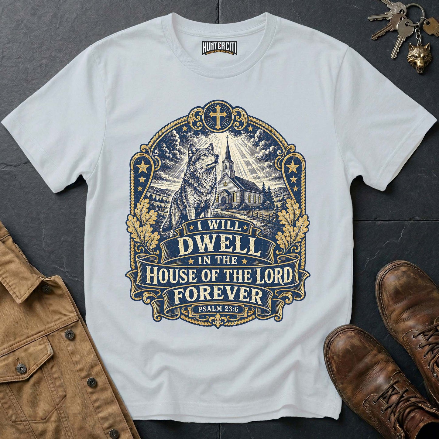 I Will Dwell in the House of the Lord Forever Wolf T-Shirt - Psalm 23 Christian Wolf Graphic Tee USA Gift