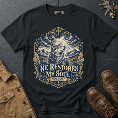 He Restores My Soul Psalm 23 Wolf T-Shirt - Christian Wolf Graphic Tee USA Faith Gift for Men