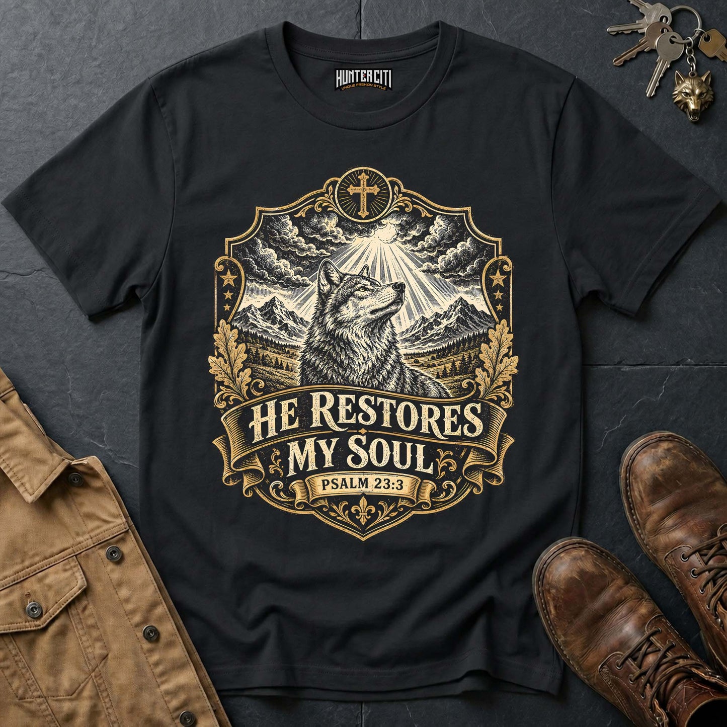 He Restores My Soul Psalm 23 Wolf Vintage Edition T-Shirt - Christian Wolf Graphic Tee USA Faith Gift for Men