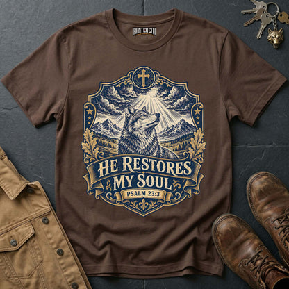 He Restores My Soul Psalm 23 Wolf T-Shirt - Christian Wolf Graphic Tee USA Faith Gift for Men