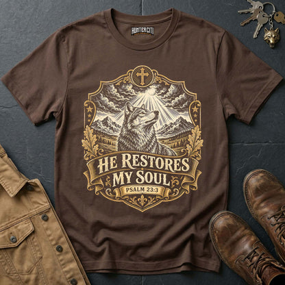 He Restores My Soul Psalm 23 Wolf Vintage Edition T-Shirt - Christian Wolf Graphic Tee USA Faith Gift for Men