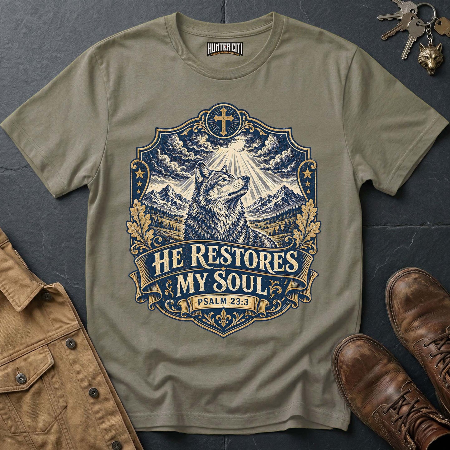 He Restores My Soul Psalm 23 Wolf T-Shirt - Christian Wolf Graphic Tee USA Faith Gift for Men