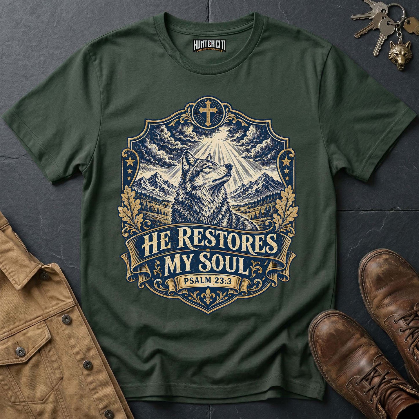 He Restores My Soul Psalm 23 Wolf T-Shirt - Christian Wolf Graphic Tee USA Faith Gift for Men