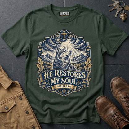 He Restores My Soul Psalm 23 Wolf T-Shirt - Christian Wolf Graphic Tee USA Faith Gift for Men
