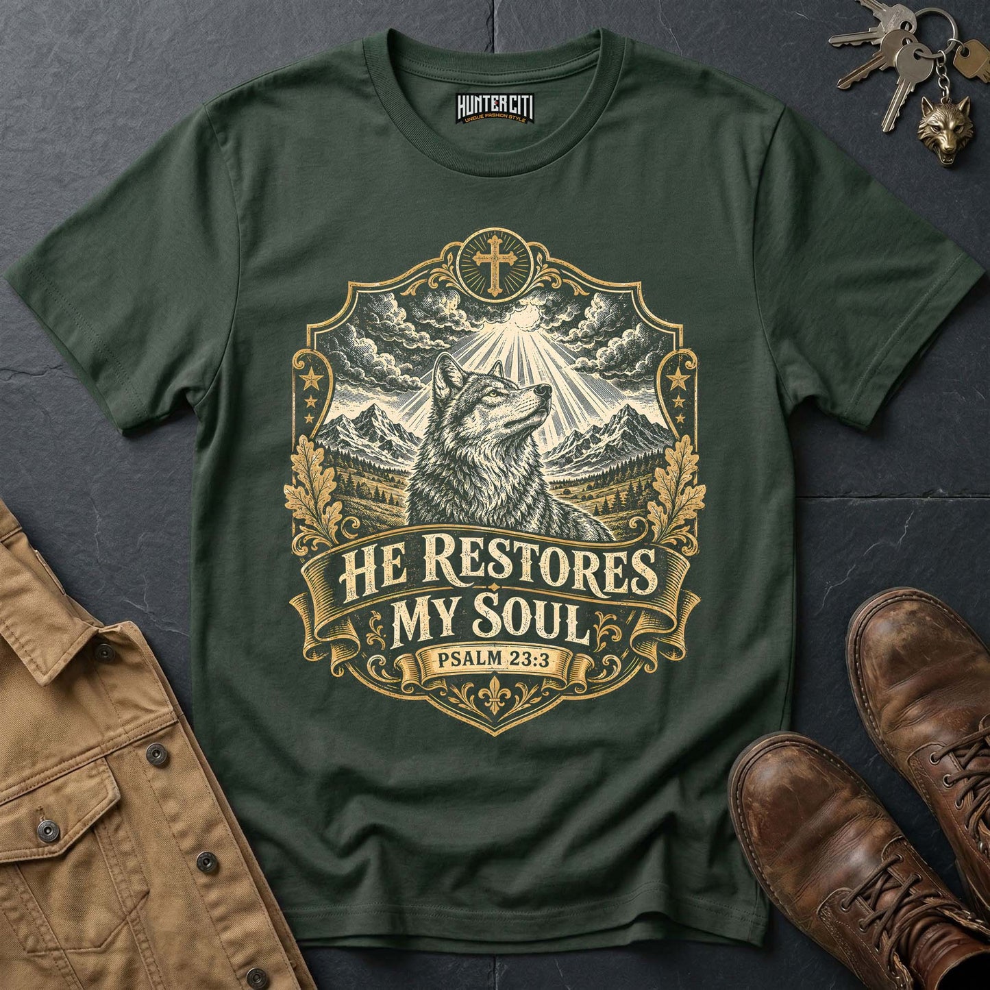 He Restores My Soul Psalm 23 Wolf Vintage Edition T-Shirt - Christian Wolf Graphic Tee USA Faith Gift for Men
