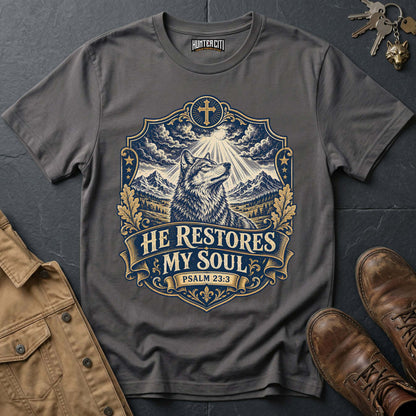 He Restores My Soul Psalm 23 Wolf T-Shirt - Christian Wolf Graphic Tee USA Faith Gift for Men