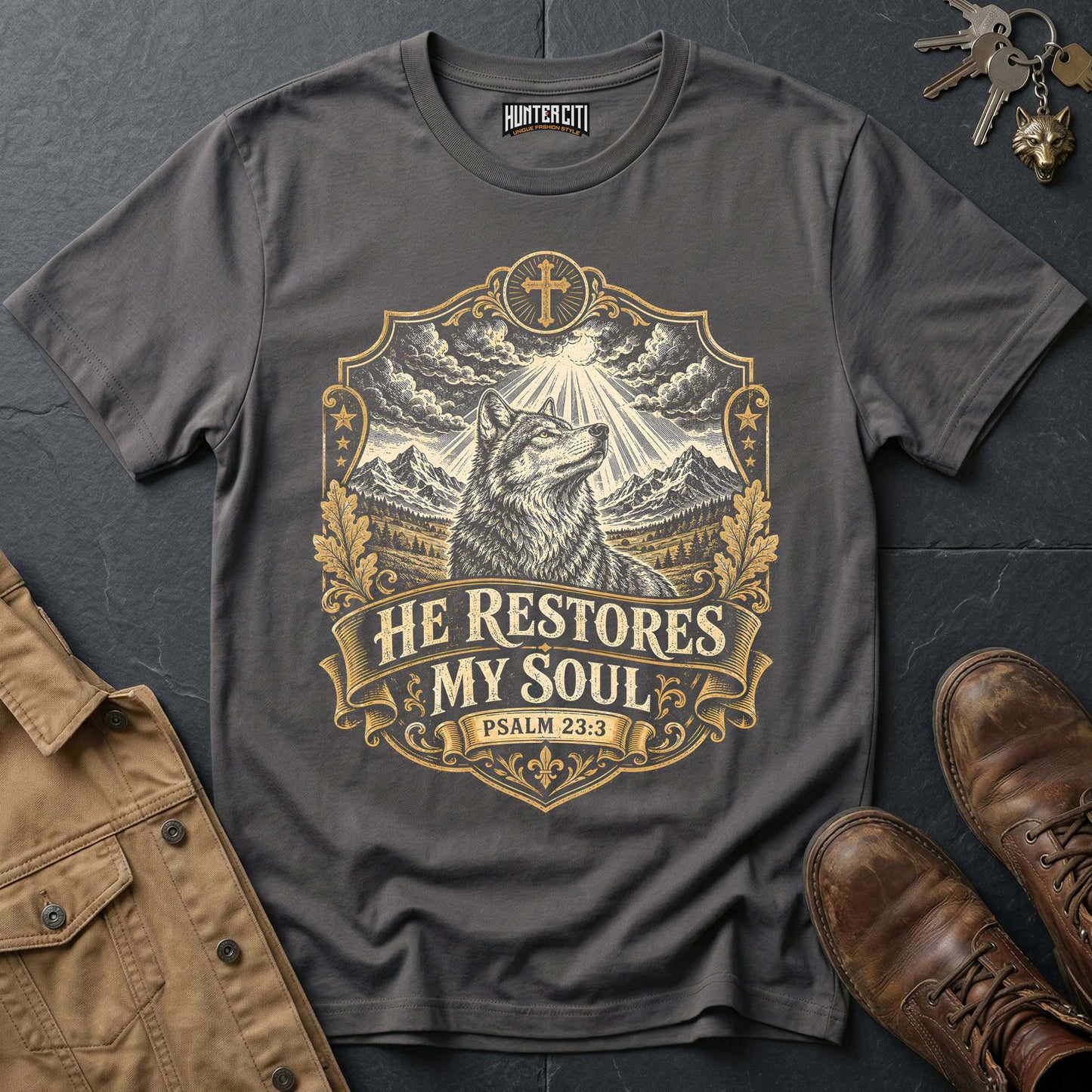 He Restores My Soul Psalm 23 Wolf Vintage Edition T-Shirt - Christian Wolf Graphic Tee USA Faith Gift for Men