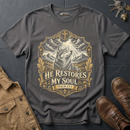 He Restores My Soul Psalm 23 Wolf Vintage Edition T-Shirt - Christian Wolf Graphic Tee USA Faith Gift for Men