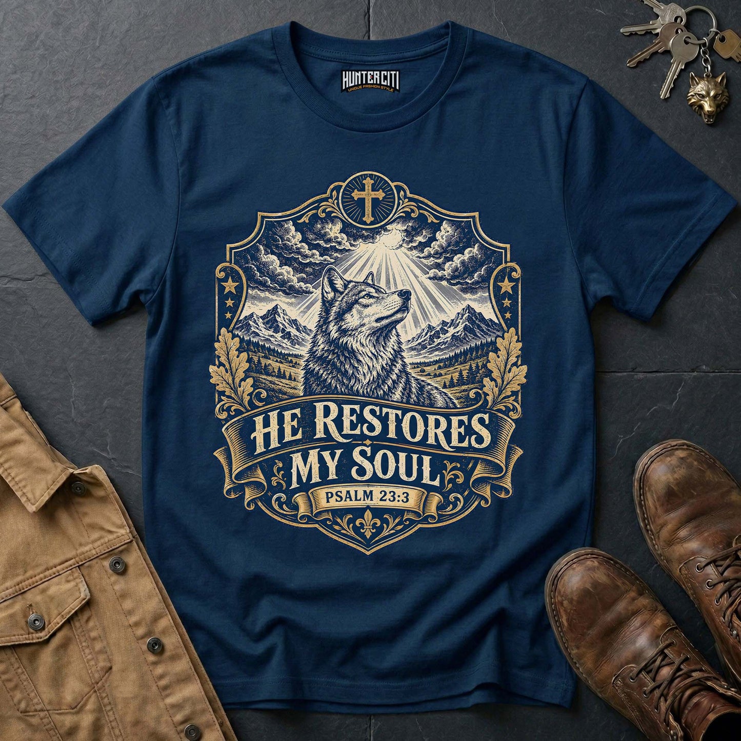 He Restores My Soul Psalm 23 Wolf T-Shirt - Christian Wolf Graphic Tee USA Faith Gift for Men