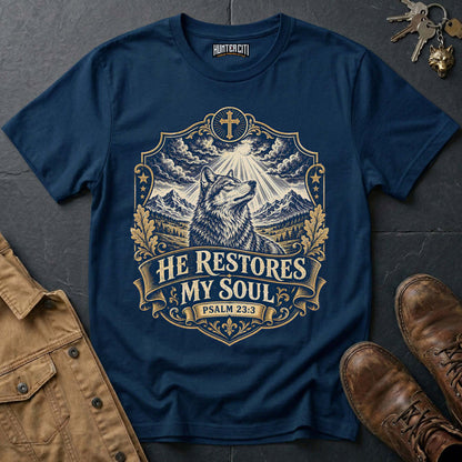 He Restores My Soul Psalm 23 Wolf T-Shirt - Christian Wolf Graphic Tee USA Faith Gift for Men
