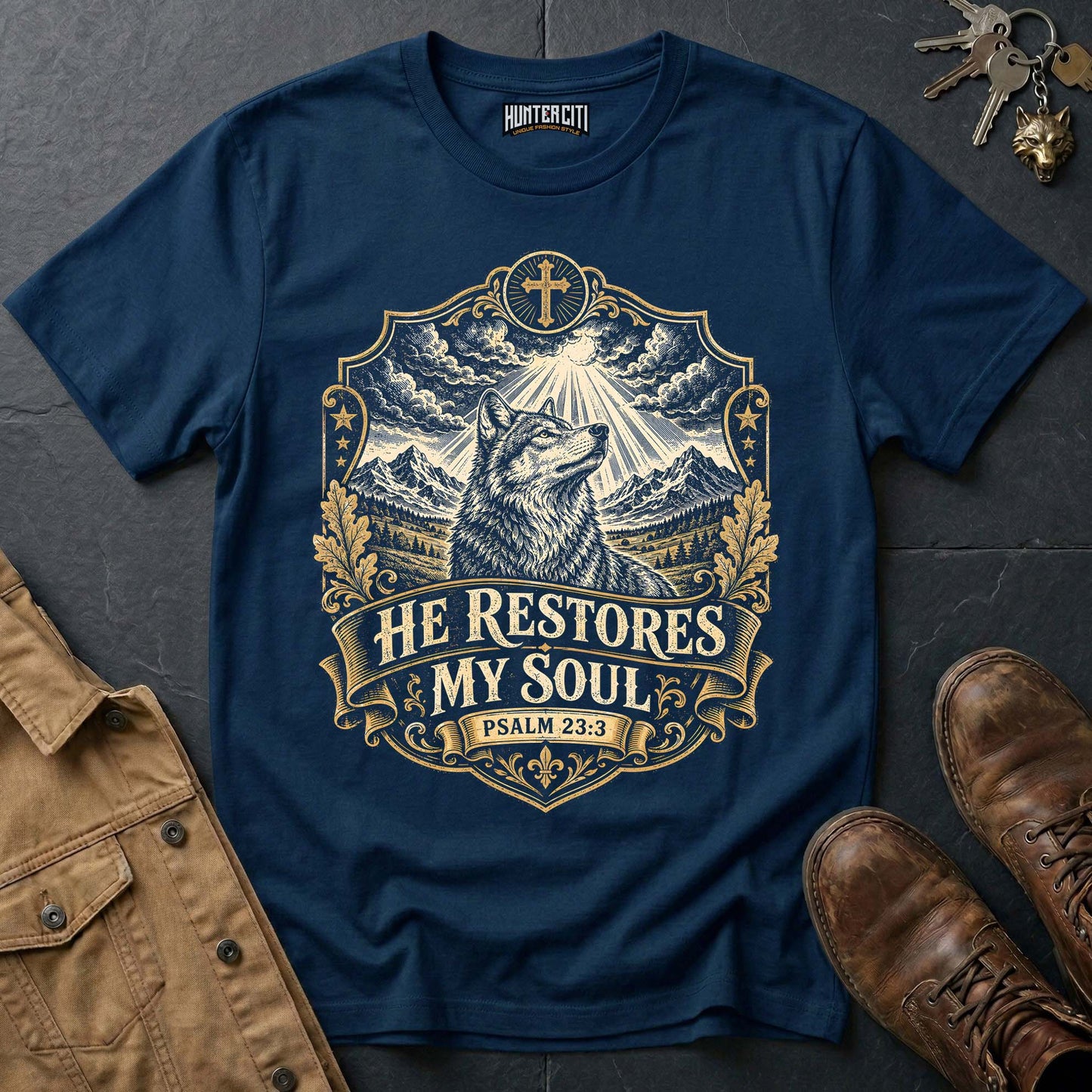 He Restores My Soul Psalm 23 Wolf Vintage Edition T-Shirt - Christian Wolf Graphic Tee USA Faith Gift for Men