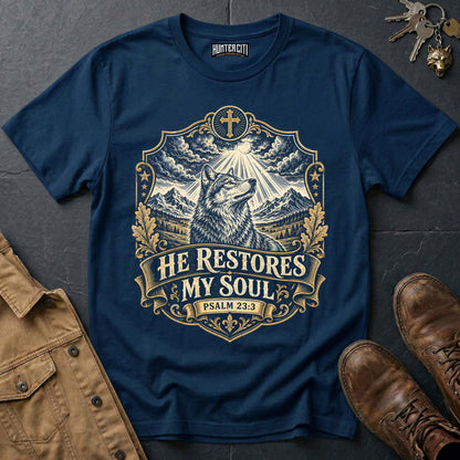 He Restores My Soul Psalm 23 Wolf Vintage Edition T-Shirt - Christian Wolf Graphic Tee USA Faith Gift for Men