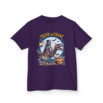Skeleton Riding Mummy Dinosaur T Rex Halloween Funny Pumpkin Kids T-Shirt - Cute Dinosaur Skeleton Halloween Shirt for Boys & Girls