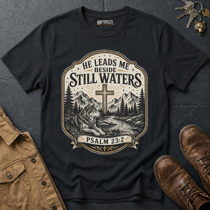 He Leads Me Beside Still Waters Psalm 23 Wolf T-Shirt - Christian Wolf Graphic Tee USA Gift for Men