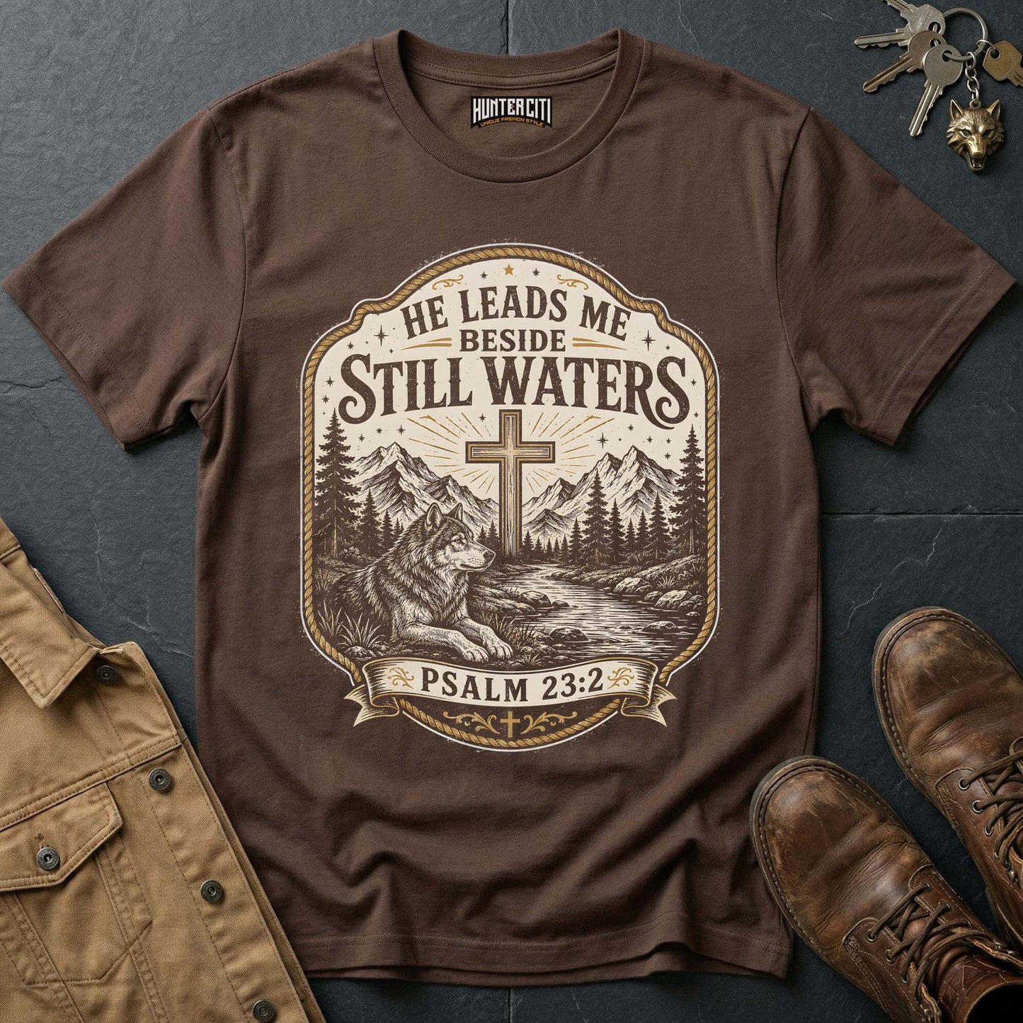 He Leads Me Beside Still Waters Psalm 23 Wolf T-Shirt - Christian Wolf Graphic Tee USA Gift for Men