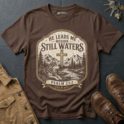 He Leads Me Beside Still Waters Psalm 23 Wolf T-Shirt - Christian Wolf Graphic Tee USA Gift for Men