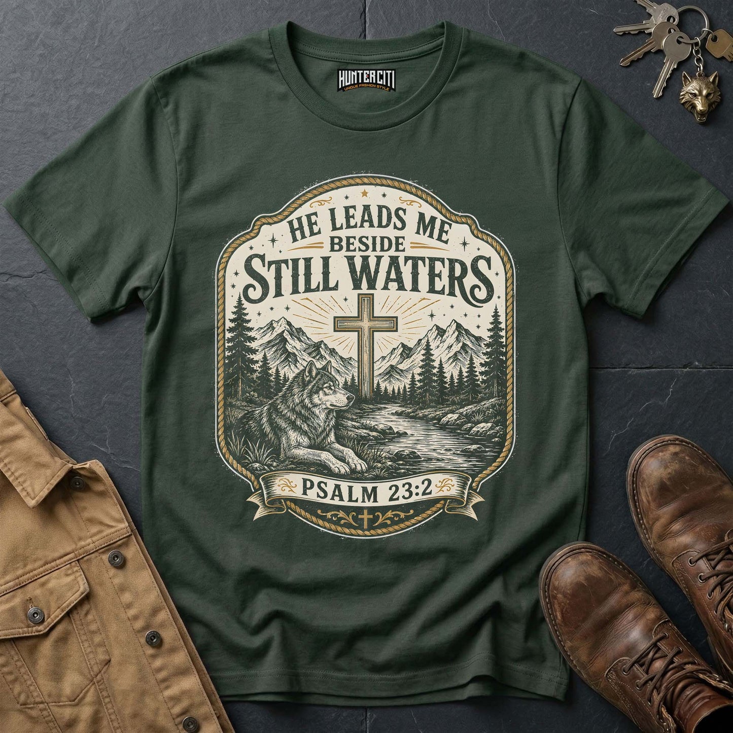 He Leads Me Beside Still Waters Psalm 23 Wolf T-Shirt - Christian Wolf Graphic Tee USA Gift for Men