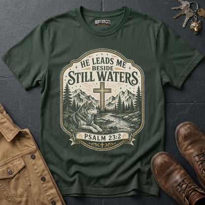 He Leads Me Beside Still Waters Psalm 23 Wolf T-Shirt - Christian Wolf Graphic Tee USA Gift for Men