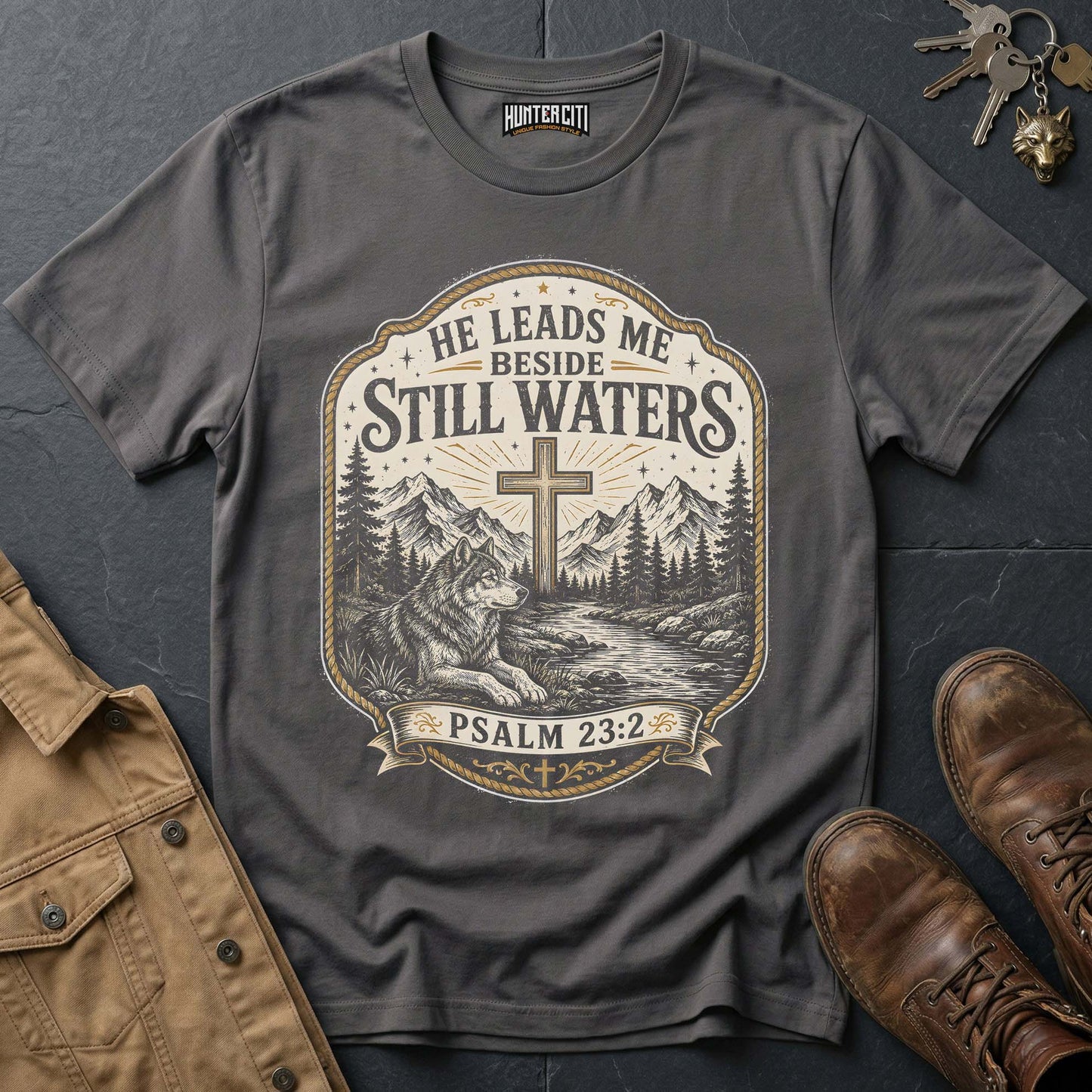 He Leads Me Beside Still Waters Psalm 23 Wolf T-Shirt - Christian Wolf Graphic Tee USA Gift for Men