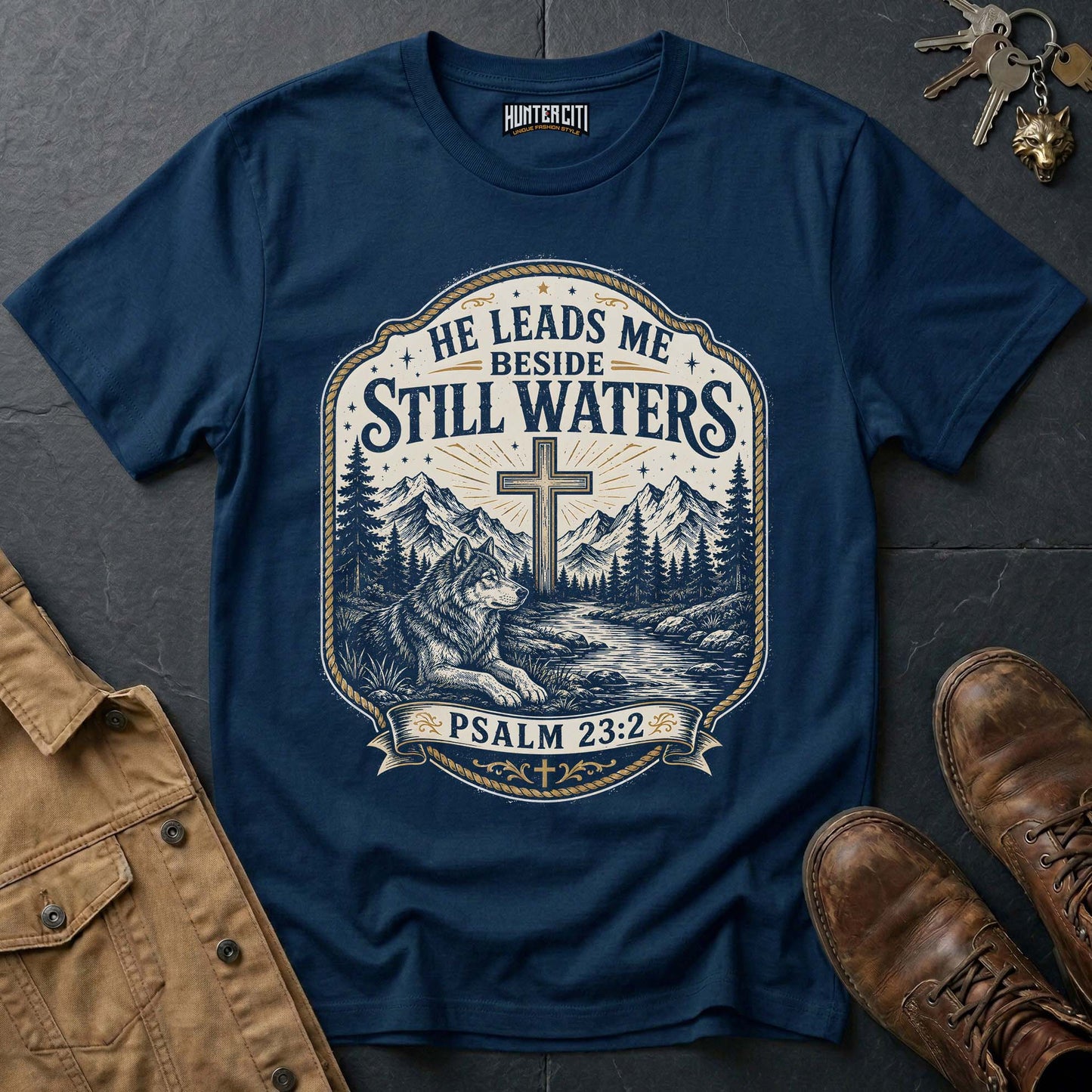 He Leads Me Beside Still Waters Psalm 23 Wolf T-Shirt - Christian Wolf Graphic Tee USA Gift for Men
