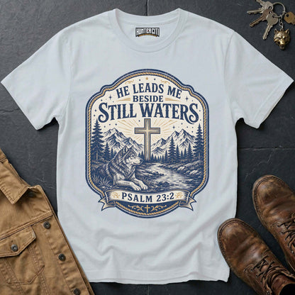 He Leads Me Beside Still Waters Psalm 23 Wolf T-Shirt - Christian Wolf Graphic Tee USA Gift for Men