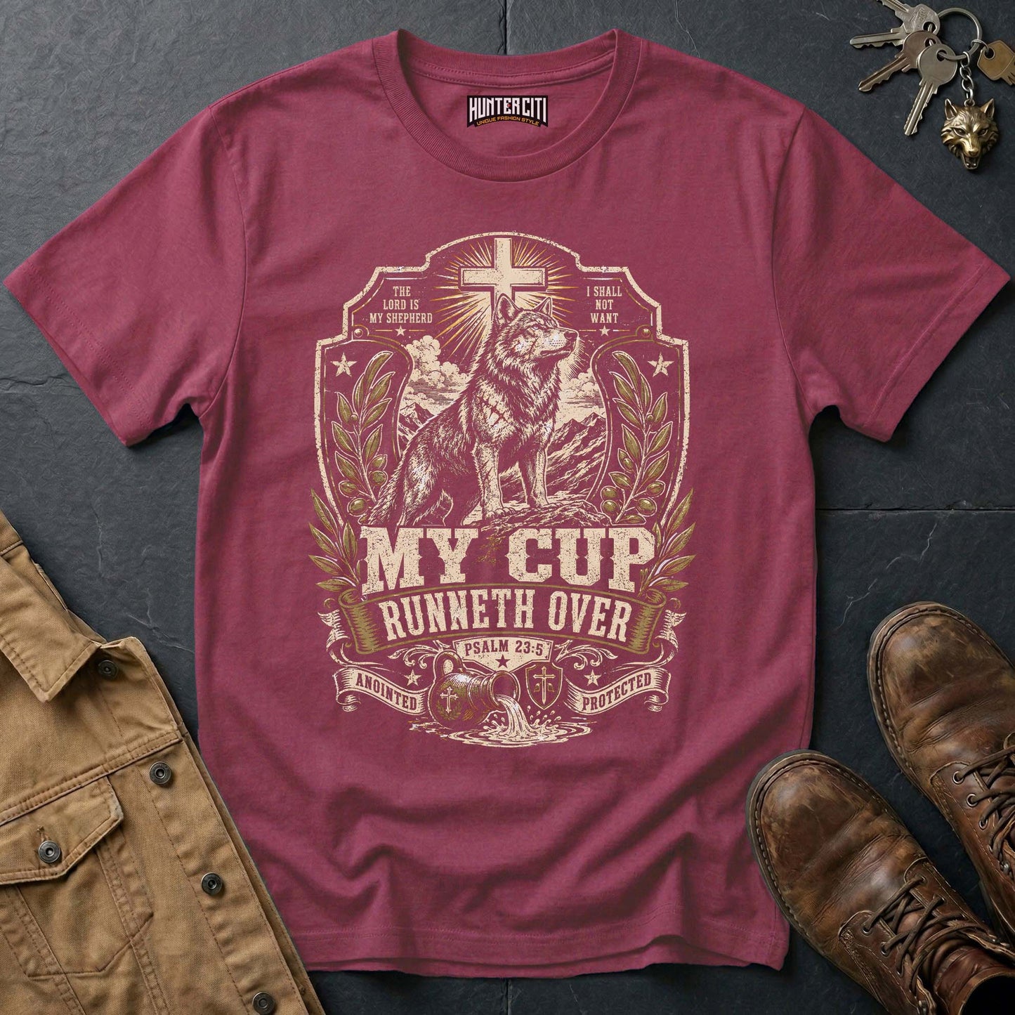 My Cup Runneth Over Psalm 23 Wolf T-Shirt - Christian Wolf Graphic Tee USA Faith Gift for Men