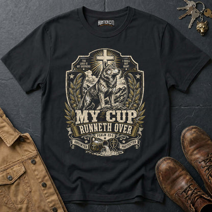 My Cup Runneth Over Psalm 23 Wolf T-Shirt - Christian Wolf Graphic Tee USA Faith Gift for Men