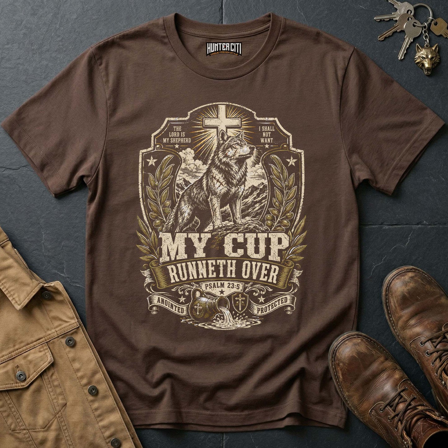 My Cup Runneth Over Psalm 23 Wolf T-Shirt - Christian Wolf Graphic Tee USA Faith Gift for Men