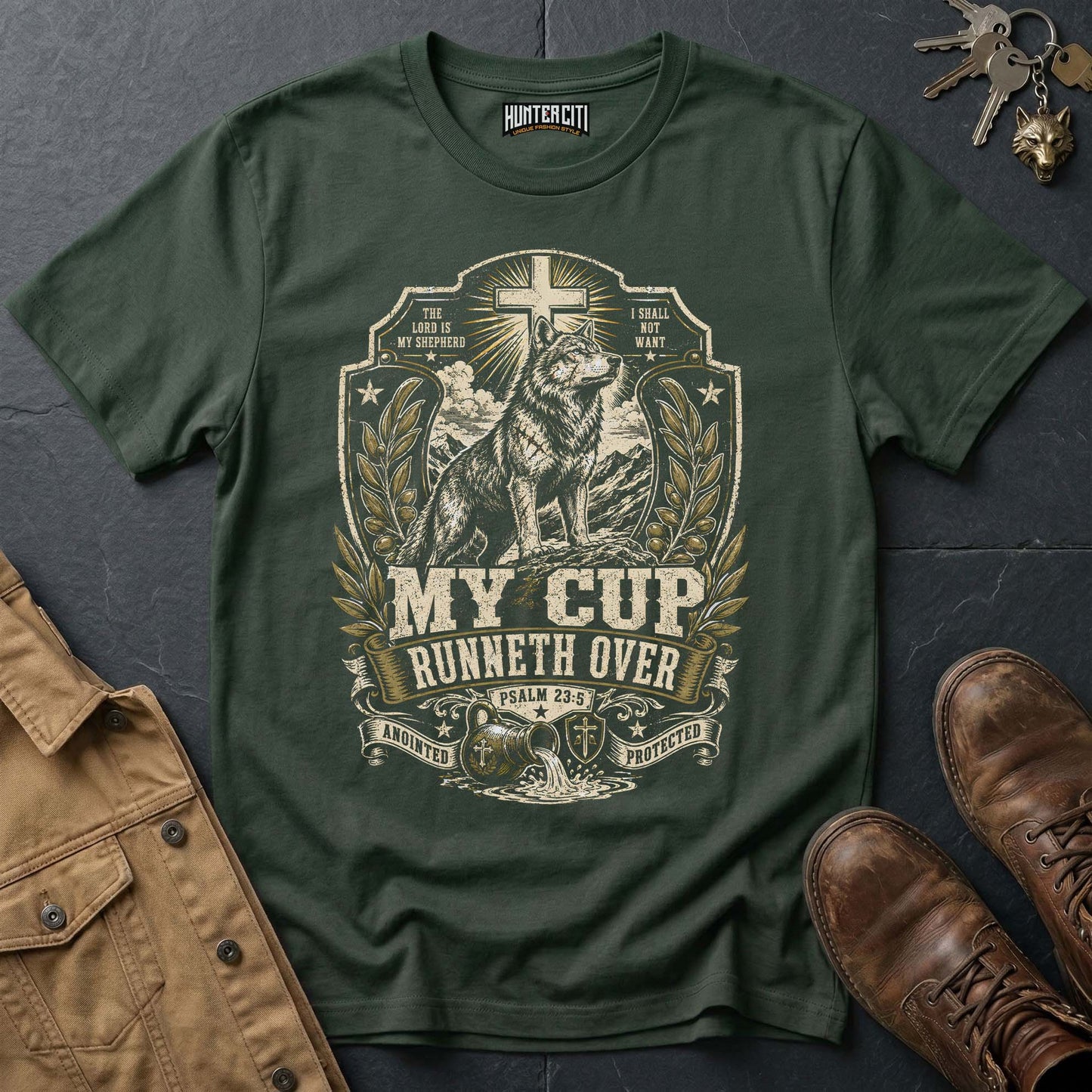 My Cup Runneth Over Psalm 23 Wolf T-Shirt - Christian Wolf Graphic Tee USA Faith Gift for Men