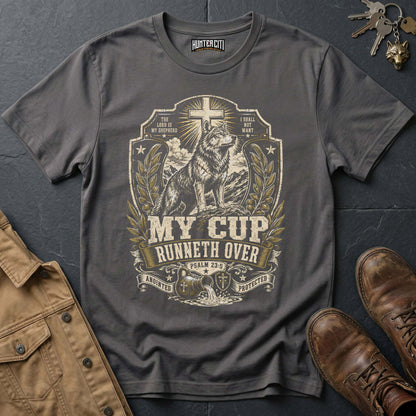 My Cup Runneth Over Psalm 23 Wolf T-Shirt - Christian Wolf Graphic Tee USA Faith Gift for Men