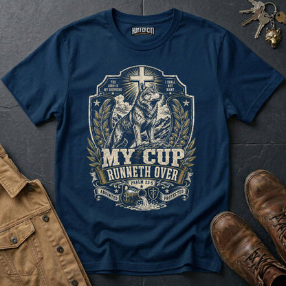 My Cup Runneth Over Psalm 23 Wolf T-Shirt - Christian Wolf Graphic Tee USA Faith Gift for Men