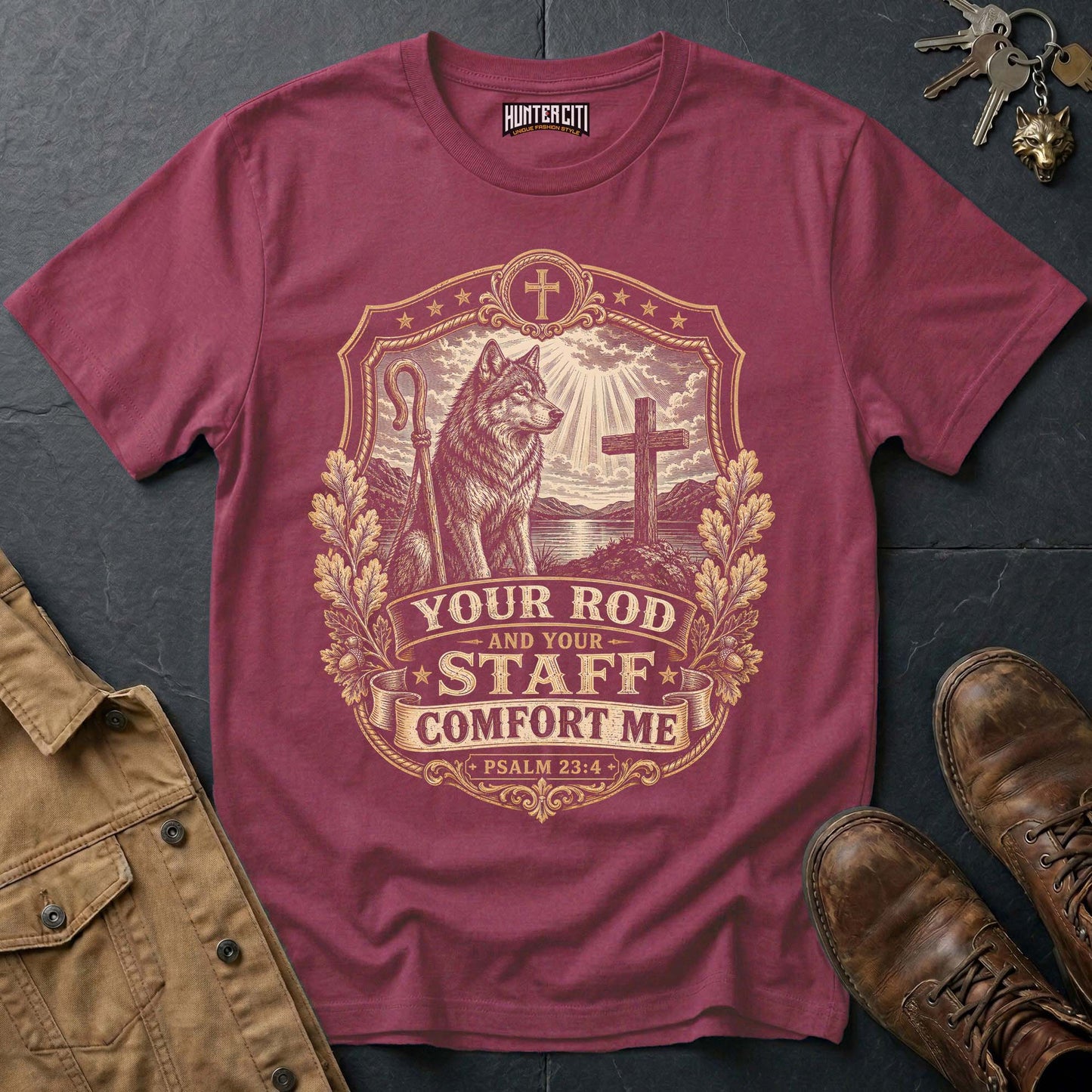 Your Rod and Your Staff Comfort Me Wolf T-Shirt - Psalm 23:4 Christian Wolf Graphic Tee