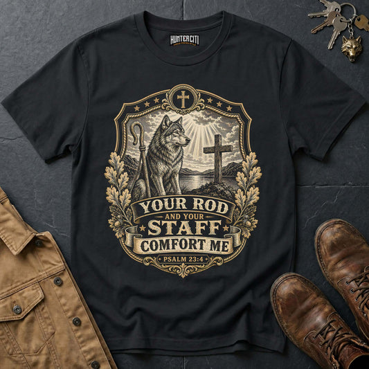 Your Rod and Your Staff Comfort Me Wolf T-Shirt - Psalm 23:4 Christian Wolf Graphic Tee