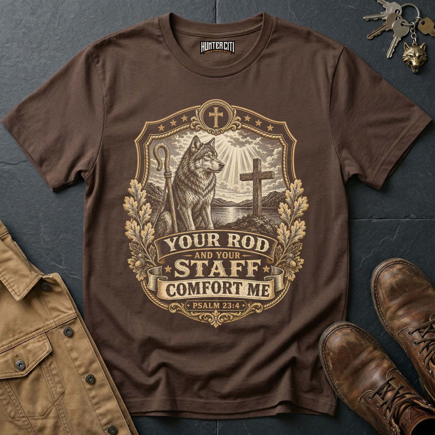 Your Rod and Your Staff Comfort Me Wolf T-Shirt - Psalm 23:4 Christian Wolf Graphic Tee