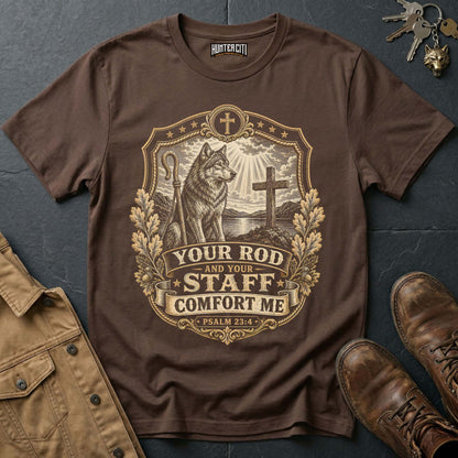 Your Rod and Your Staff Comfort Me Wolf T-Shirt - Psalm 23:4 Christian Wolf Graphic Tee