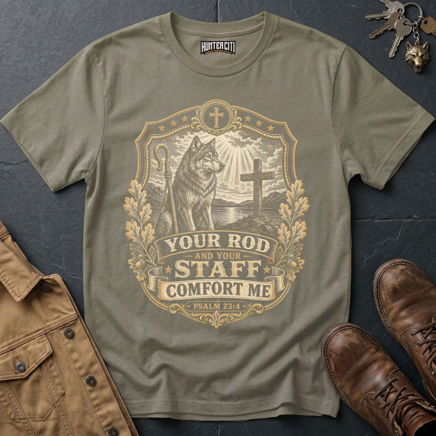 Your Rod and Your Staff Comfort Me Wolf T-Shirt - Psalm 23:4 Christian Wolf Graphic Tee