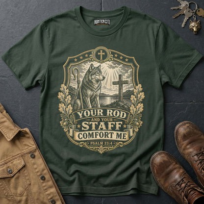 Your Rod and Your Staff Comfort Me Wolf T-Shirt - Psalm 23:4 Christian Wolf Graphic Tee