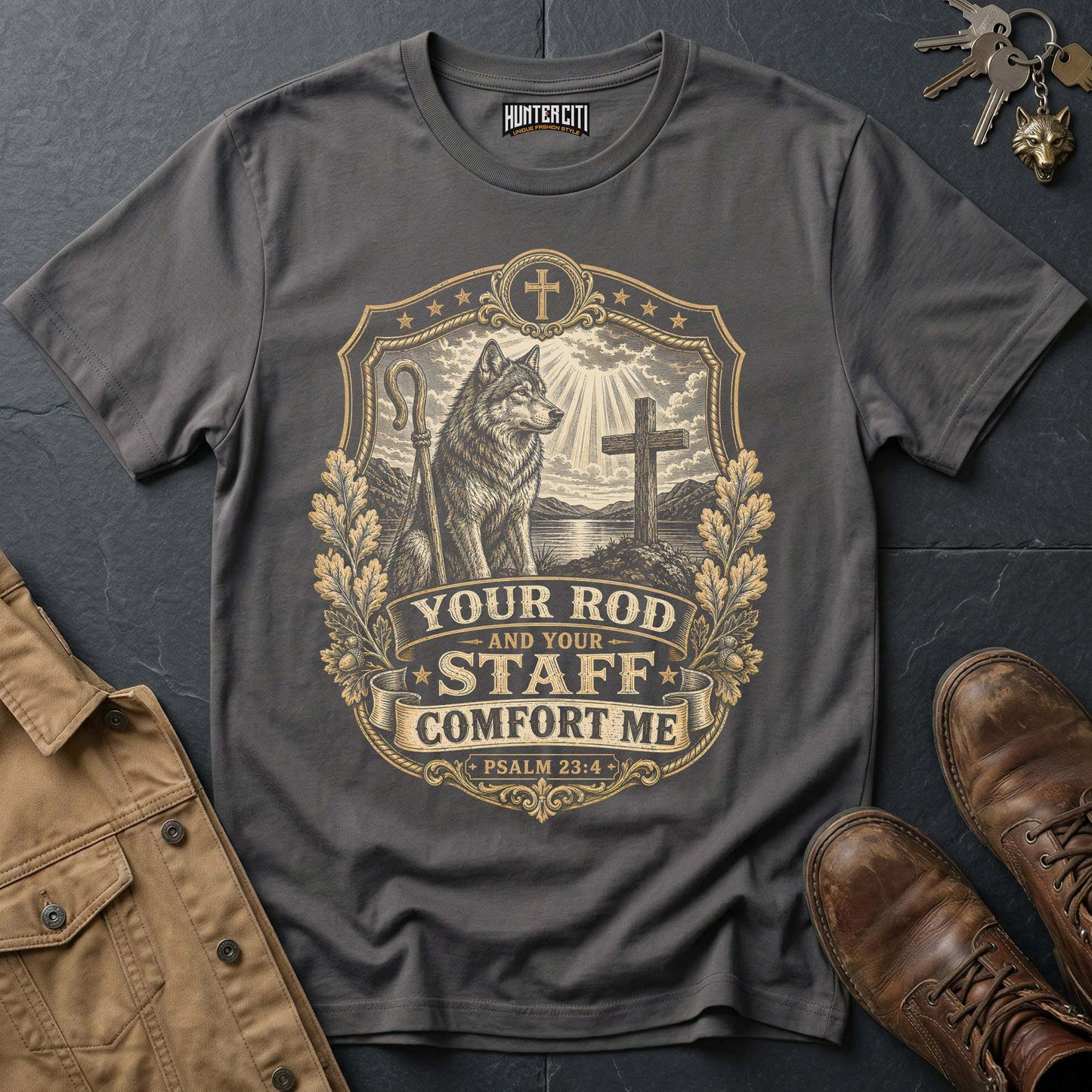 Your Rod and Your Staff Comfort Me Wolf T-Shirt - Psalm 23:4 Christian Wolf Graphic Tee