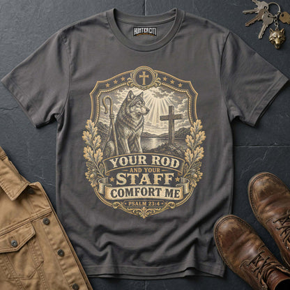 Your Rod and Your Staff Comfort Me Wolf T-Shirt - Psalm 23:4 Christian Wolf Graphic Tee