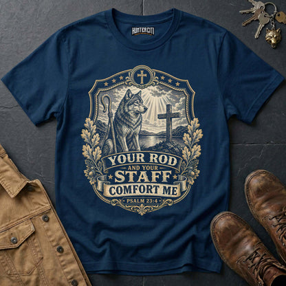 Your Rod and Your Staff Comfort Me Wolf T-Shirt - Psalm 23:4 Christian Wolf Graphic Tee