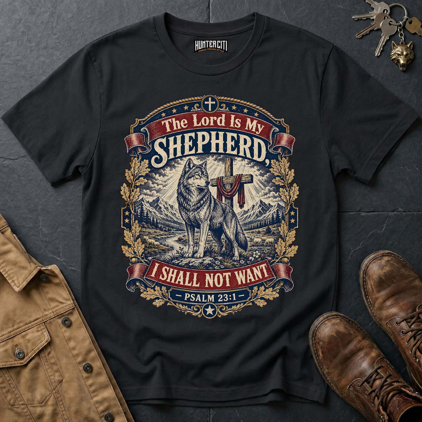 The Lord Is My Shepherd I Shall Not Want Wolf T-Shirt - Psalm 23:1 Christian Graphic Tee
