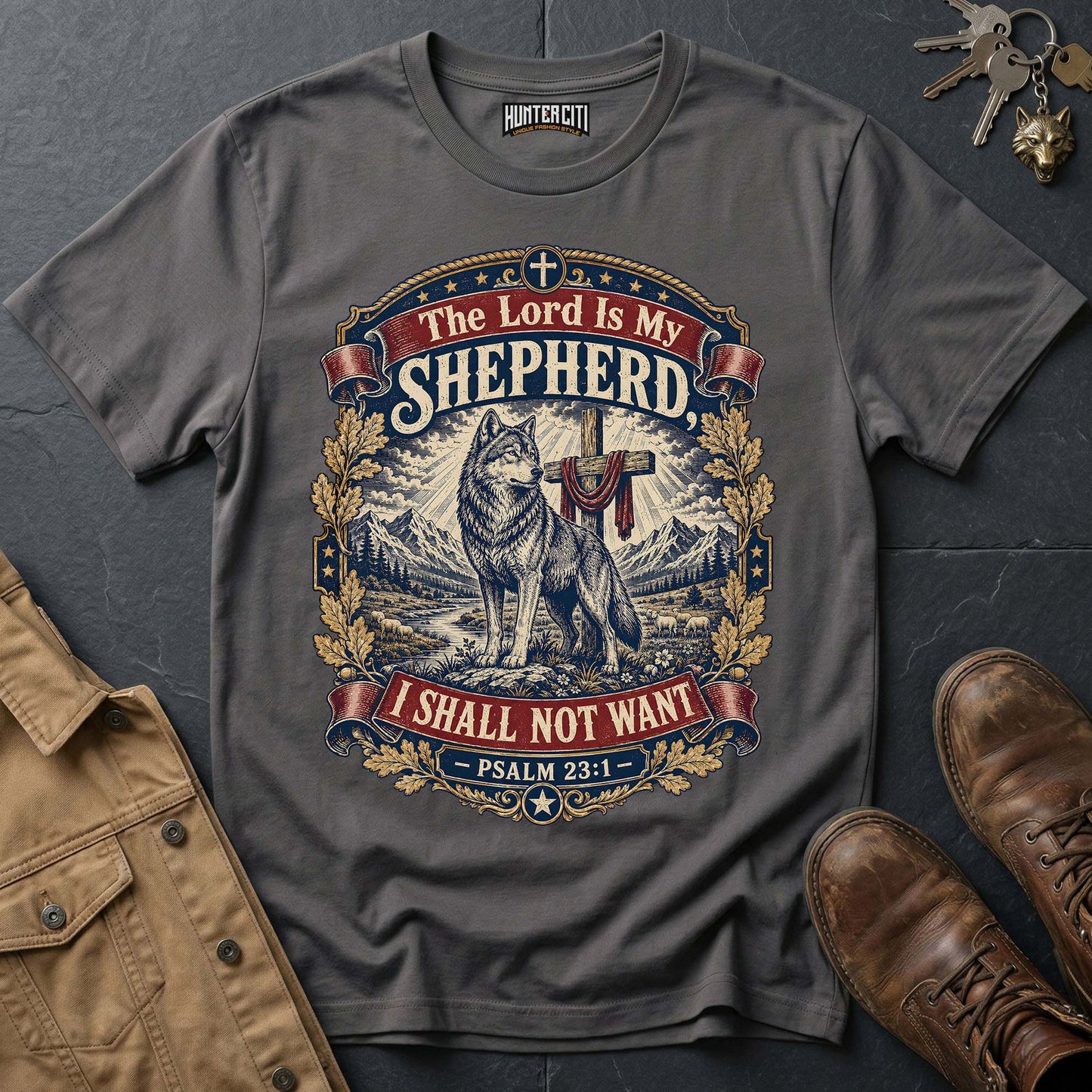 The Lord Is My Shepherd I Shall Not Want Wolf T-Shirt - Psalm 23:1 Christian Graphic Tee