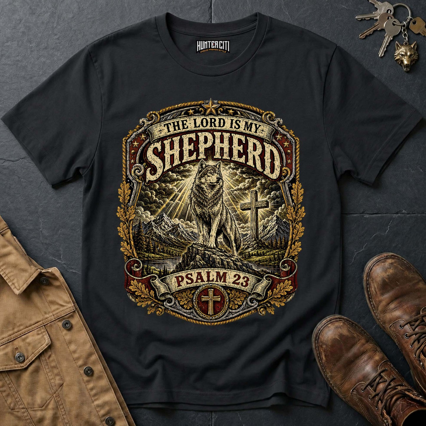 The Lord Is My Shepherd Psalm 23 Vintage Badge Wolf T-Shirt - Christian Graphic Tee