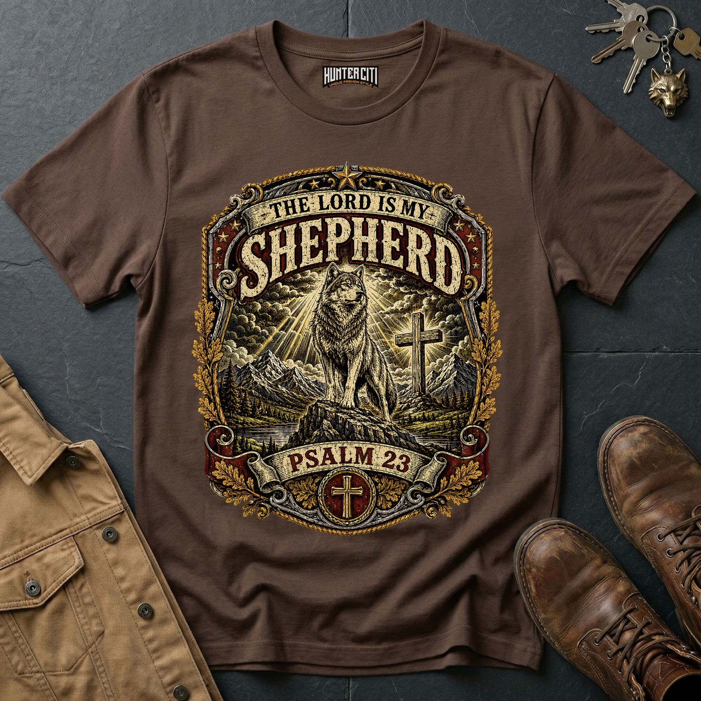 The Lord Is My Shepherd Psalm 23 Vintage Badge Wolf T-Shirt - Christian Graphic Tee