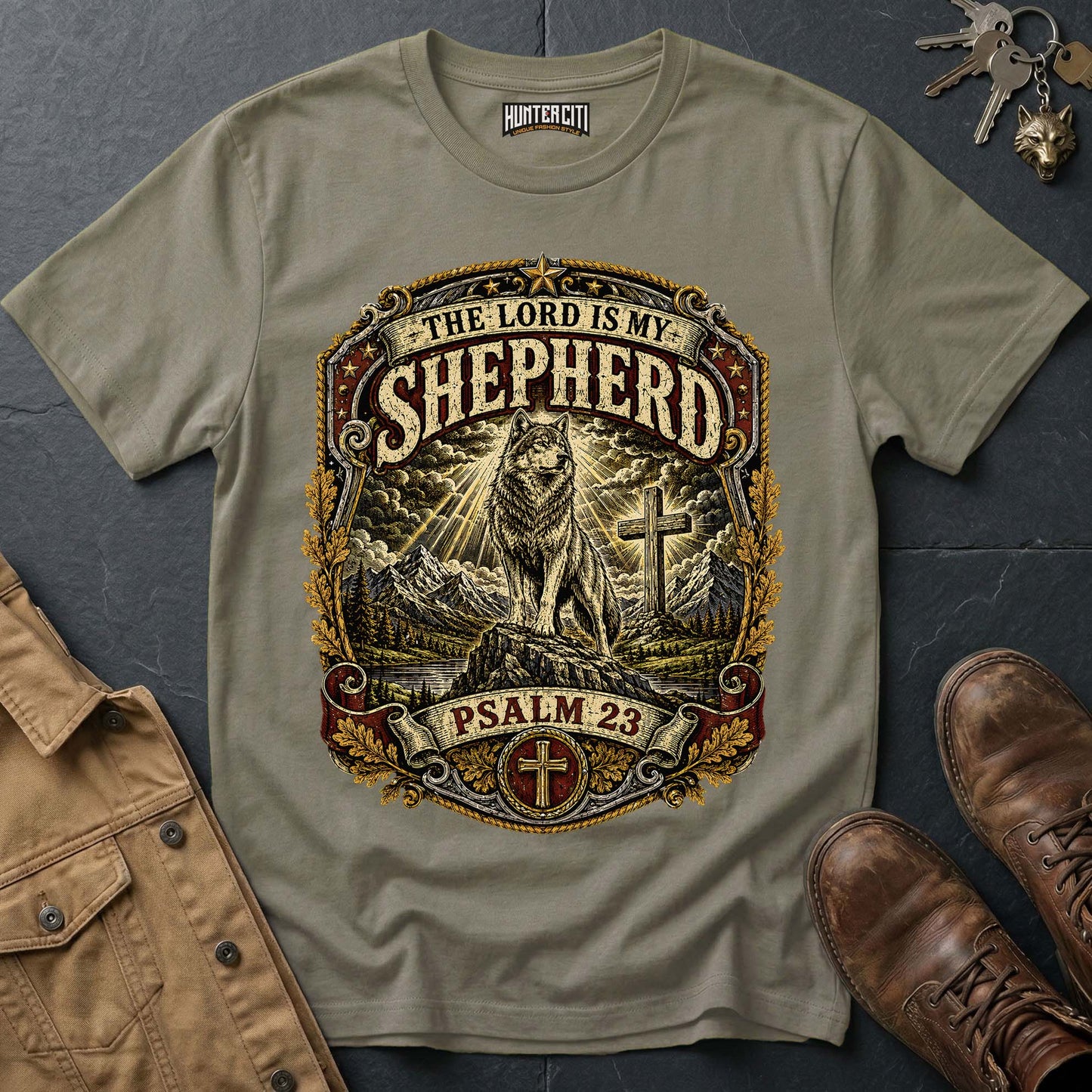The Lord Is My Shepherd Psalm 23 Vintage Badge Wolf T-Shirt - Christian Graphic Tee