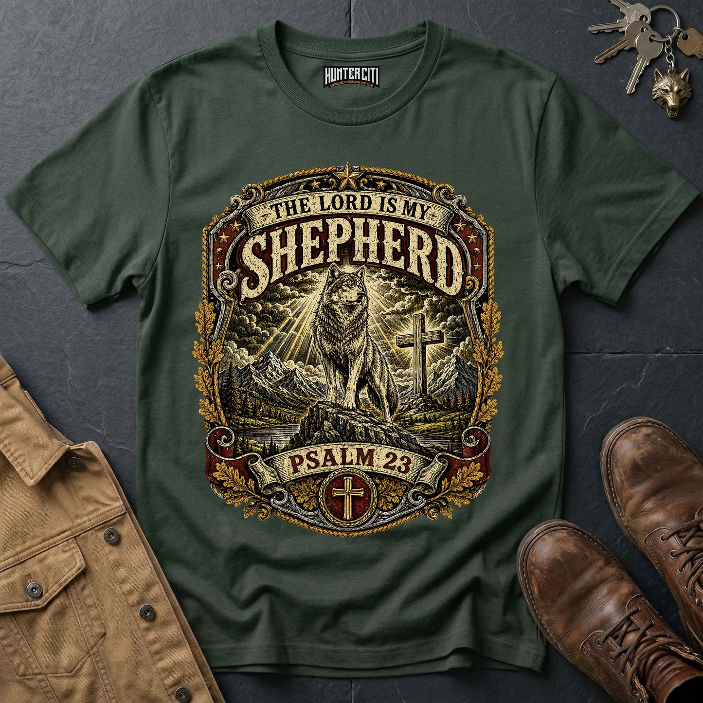 The Lord Is My Shepherd Psalm 23 Vintage Badge Wolf T-Shirt - Christian Graphic Tee