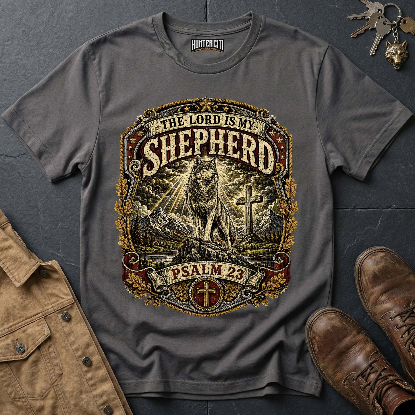 The Lord Is My Shepherd Psalm 23 Vintage Badge Wolf T-Shirt - Christian Graphic Tee