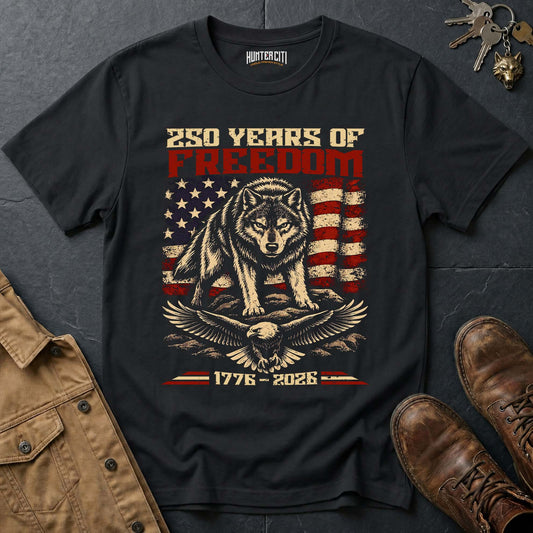 250 Years of Freedom Wolf Eagle Landscape T-Shirt America 1776 2026 Patriotic Anniversary Wolf Graphic Tee USA
